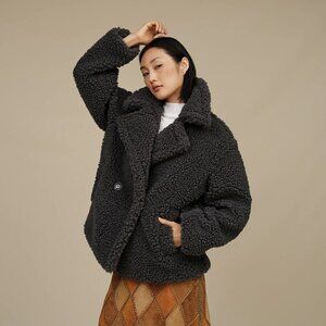 UGG Gertrude Short Teddy Sherpa Oversized Coat Charcoal Ink Women's Large XL EUC